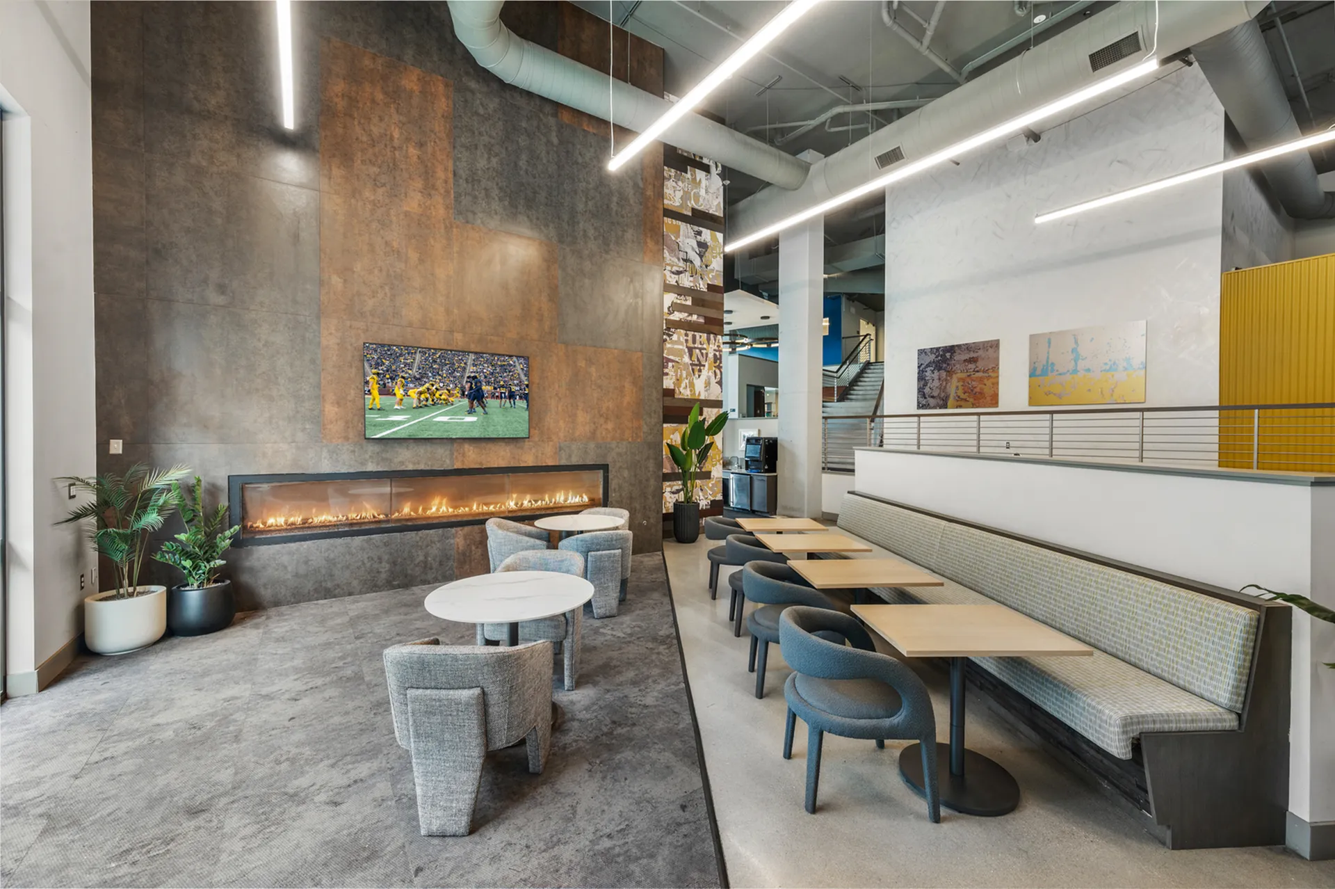 Modern lounge with fireplace and seating