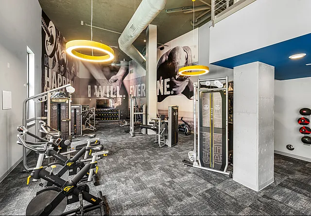 Grey and yellow exercise area with exercise machines