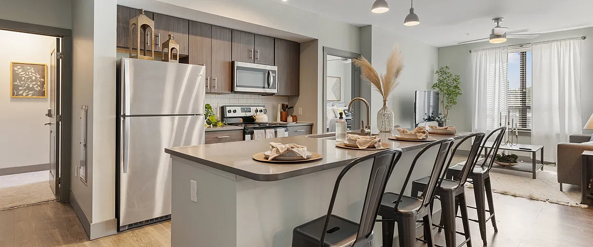 Modern and clean apartment kitchen with stainless steel appliances