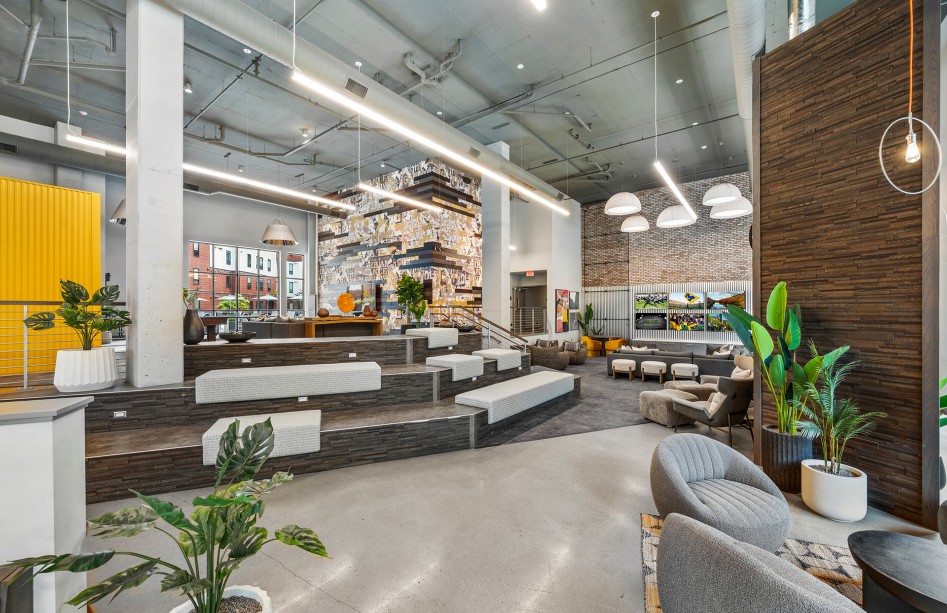 Spacious and energetic common space with industrial feel and dark wood accents